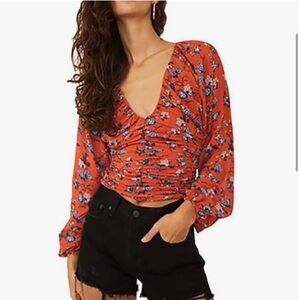 Free People Final Rose Rust Floral Ruched V-Neck Blouse XS